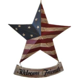  Welcome Friends Distressed Metal American Flag Hanging 