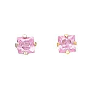  14K Yellow Gold PAIR 03.00 MM Inverness Square Pink Cubic 