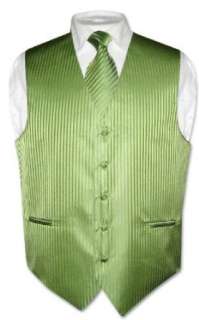  Mens Dress Vest & NeckTie Spinach Green Striped Vertical 