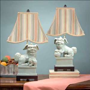  V309   Celedon Foo Dog Lamps with Striped Shade   Pair 