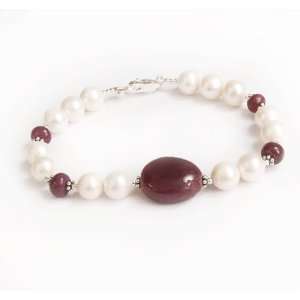  Good Looking Natural Cabochon Ruby & Pearl Beaded Bracelet 