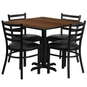 36 Square Walnut Laminate Table Set with Ladder Back Metal Chair and 