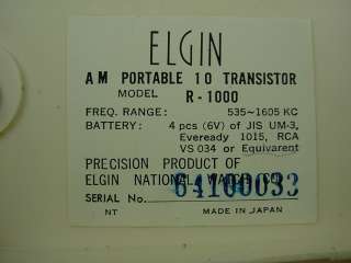 Elgin Ten Transistor R 1000 Vintage 1962 Portable radio  