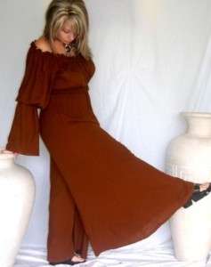 ZK684 BROWN/JUMPSUIT PEASANT RUFFLED PALAZZO M L 1X 2X  