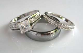 3pcs TITANIUM Gold Princess Cut Wedding Band Ring Set  