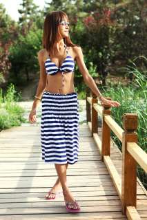 Sexy 3 Piece stripes Bikini with Beach dress Padded Bathing Suit 