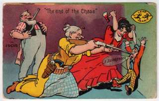 Comic Postcard Women Chasing Down Little Man with Guns  