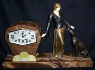 Art Deco 1930s Menneville E. Spelter Ivorine Clock Woman and Greyhound 