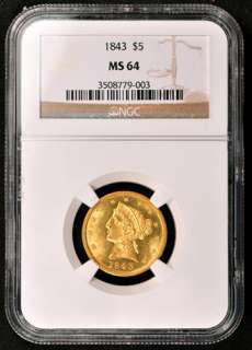 1843 LIBERTY $5 NGC MS 64  