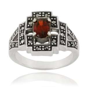  Sterling Silver Marcasite and Garnet Oval Ring, Size 8 