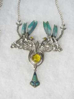 DECO NOUVEAU STERLING DRAGONFLY YELLOW STONE LAVALIER NECKLACE  
