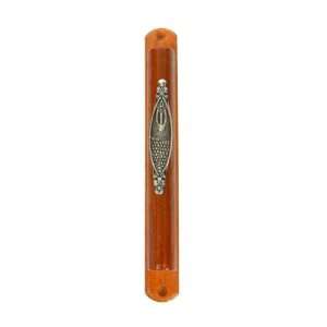  Wood Mezuzah with Metal Western Wall, Shin and Emblems 