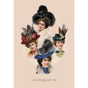  Four Becoming Winter Hats   12x18 Framed Print in Gold 