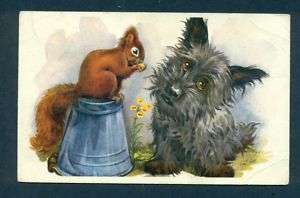 G2683 Postcard Dog Drawing Scottish Terrier, Squirrel  
