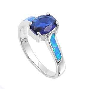 Sterling Silver Ring in Lab Opal   Blue Sapphire, Blue Opal   Ring 