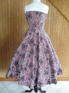 Vintage 50s 60s Irridescent Pink Paisley Party Dress S XS Black Velvet 