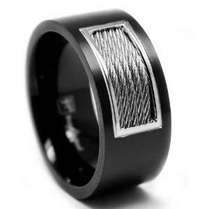   Black Stainless Steel Ring with Twisted Cable Inlay Size 8 Jewelry