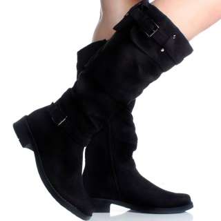 Womens Winter Boots Riding Black Flat Slouch Buckle Casual Dress Shoes 