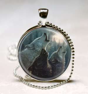Wolf Pack Howling at the Moon Glass Tile Jewelry Necklace Pendant 