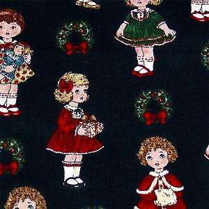 Windham Cotton Fabric, Bright Christmas Dolls on Black, Applique or 