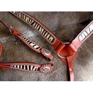  WESTERN LEATHER HEADSTALL WITH RED LEATHER AND ZEBRA 