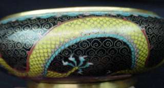   Chinese Fine Cloisonne Bowl Three Dragon Playing Fire Pearl Black Blue