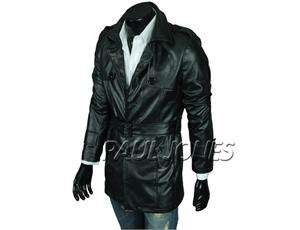 PJ New Mens Slim Fit Design Single Breasted PU Leather Long Trench 