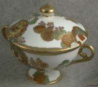 White Asian Chinese Rooster Gold Gilt Double Handle Covered Tea Cup 