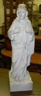 Antiq Carved Stone Statue & Pedestal Jesus Sacred Heart  