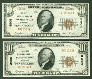 10.00 National Bank Note, First NB Pleasantville NJ, Consecutive 