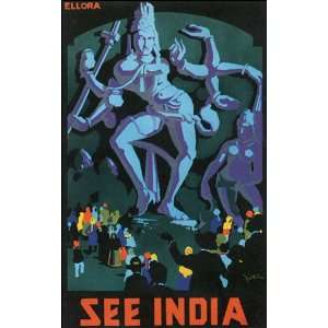  SEE INDIA ELLORA CAVE TEMPLES SMALL VINTAGE POSTER CANVAS 