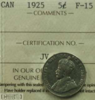 1925 Canada 5 Cents ICCS F 15  