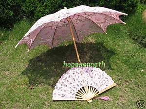 Belgian lace embd PINK wedding parasol w/matching fan  