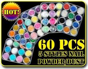 60 Colour Nail Art Glitter Acrylic Powder Dust Sheet  