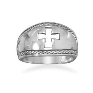  Cross Ring with Rope Edge Sterling Silver Cut Out Design 