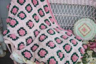 vintage crocheted lace afghan PINK ROSES Shabby Cottage Charm LARGE 