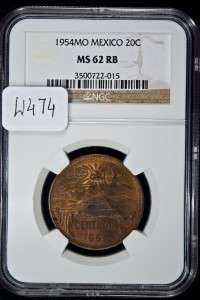 1954 MO Mexico 20 Centavos NGC MS 62 RB UNC W474  
