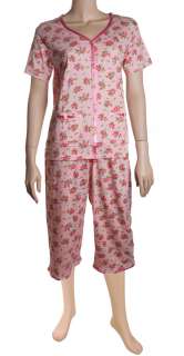 Womens 100% cotton 2 pc pajama set,satin trim,top & capri bottom panst 