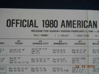 22x13 Official 1980 American League Schedule Feb.3 1980 Sunday Papers 