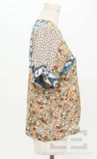 Dries Van Noten Tan & Multicolor Silk Floral Print Short Sleeve Blouse 