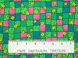 ANDOVER Cotton Fabric Green Pink Boxes Crown 1.55Yds  