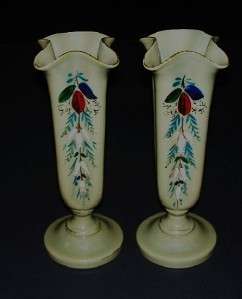 Antique Victorian BRISTOL ART GLASS OPALINE VASES Custard  