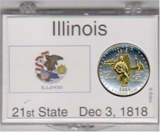 Gold on Silver Illinois Statehood Quarter with State Flag Display Case 