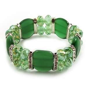  Green Cat Eye Glass Bead Flex Bracelet  18cm Length 