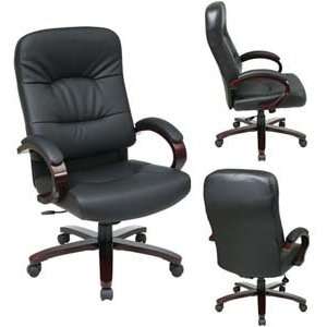 Black Leather High Back Chair with Steel Base, Mahogany Finish Wood 