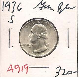 1936 S Washington Quarter Dollar GEM Brilliant Uncirculated A919 