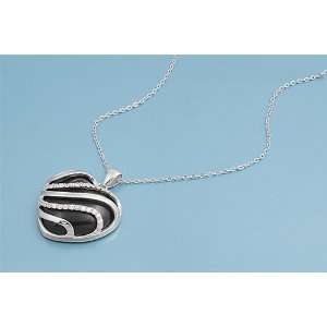   Silver Heart w/ Stripes Black Onyx & Clear CZ Necklace Jewelry