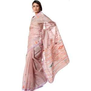  Peach Sari from Kolkata with Woven Bootis   Pure Silk 