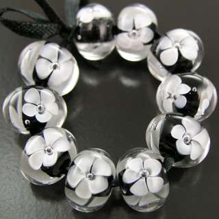   Lampwork Glass Beads White Black Tux Encased Florals SRA USA  