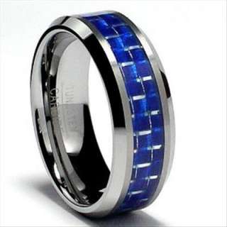 Tungsten Carbide Ring Blue Carbon Fiber Inlay Wedding Band  